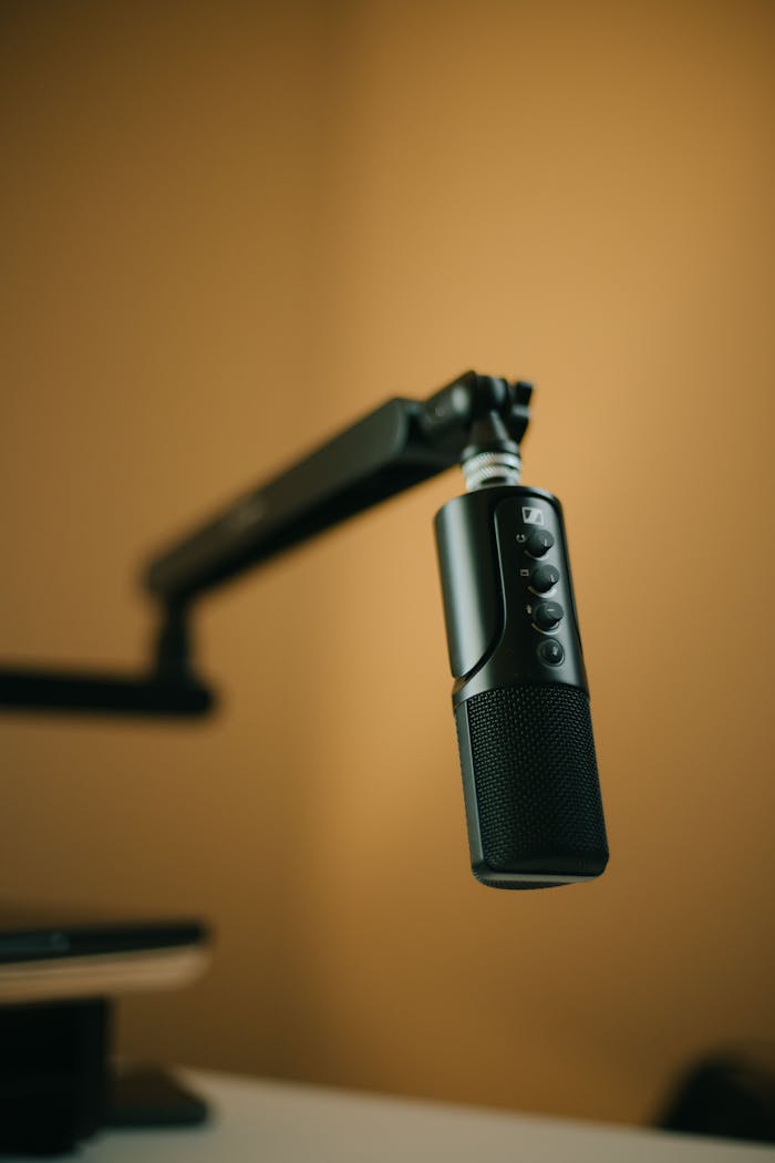 home-services-01 Close-up of a professional microphone on an adjustable arm, ideal for podcasting or broadcasting setups.